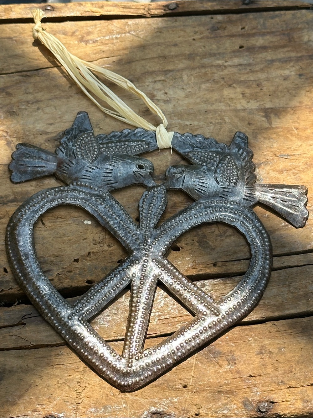 Handmade Haitian Style Steel Drum Heart Love Birds Metal Wall Hanging Ornament